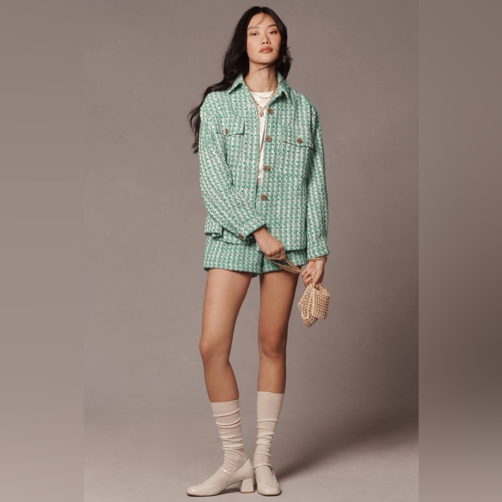Maeve Green & White Tweed Shacket, Front Button, 2 Front Pockets, LP, EUC!